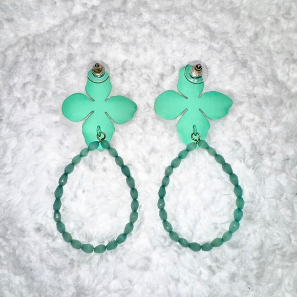 Green Floral Beaded Statement Drop Hoop Earrings - Picture 3 of 3